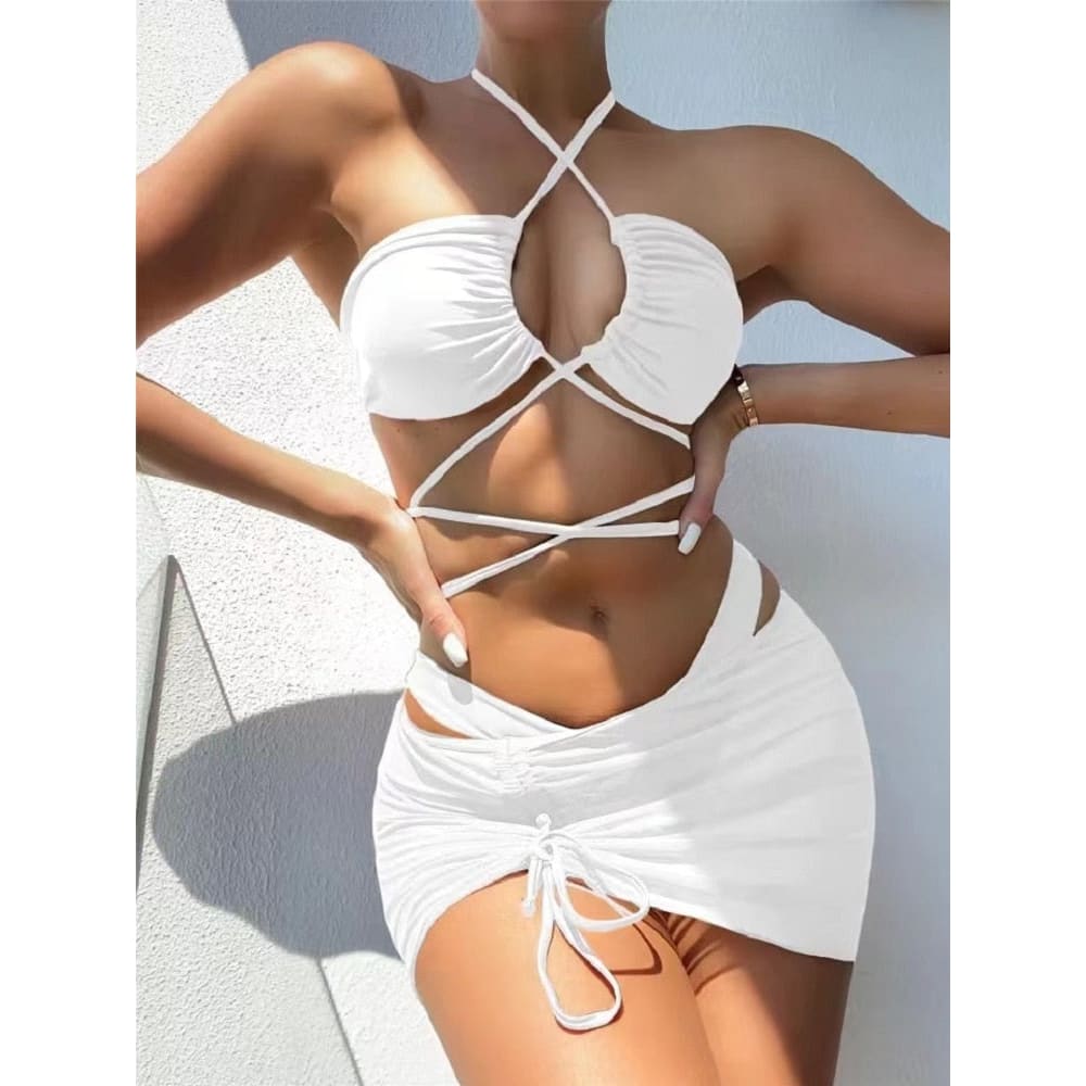 Sexy High Waist Lace Up Micro Bikini Set With Skirt - On sale