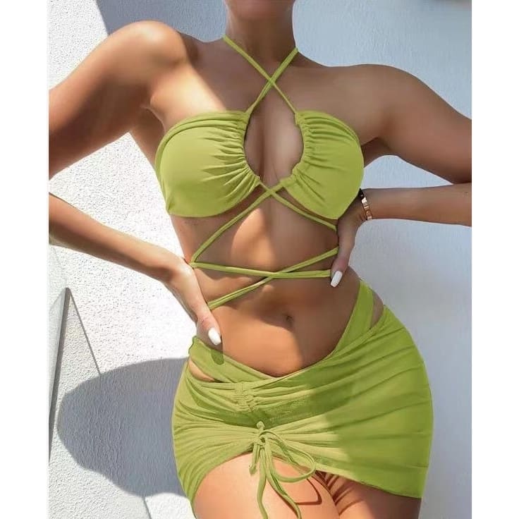 Sexy High Waist Lace Up Micro Bikini Set With Skirt - Dark Green / S On sale