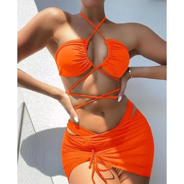 Sexy High Waist Lace Up Micro Bikini Set With Skirt - Orange / S On sale