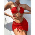 Sexy High Waist Lace Up Micro Bikini Set With Skirt - Red / S On sale