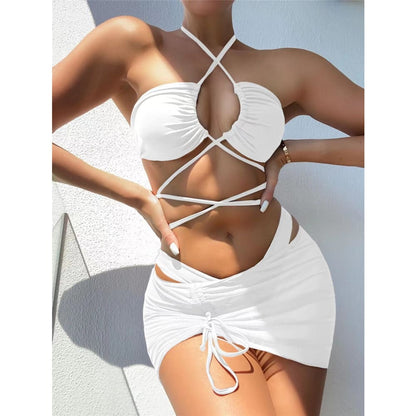 Sexy High Waist Lace Up Micro Bikini Set With Skirt - White / S On sale