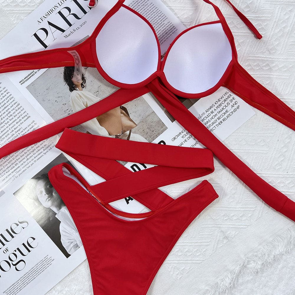 Sexy High Waisted Cutout Halter Sunnybikinis Swimsuit - On sale