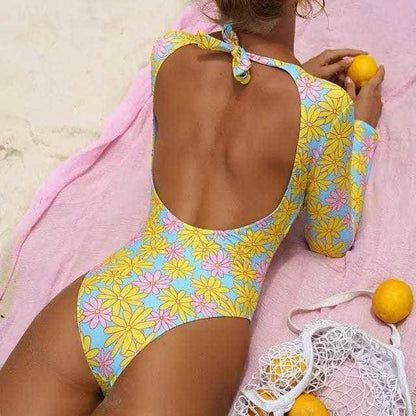 Sexy long sleeve Low Back High Neck Rash Guard Floral one piece swimsuit - S12007 / S
