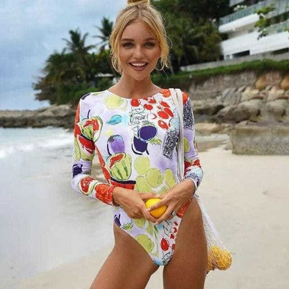 Sexy long sleeve Low Back High Neck Rash Guard Floral one piece swimsuit - S12009 / S