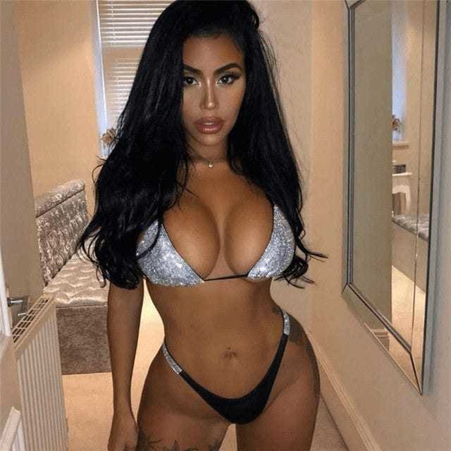 Sexy Luxury Bling Rhinestone Sliver Diamond Halter Push Up Bikini - On sale