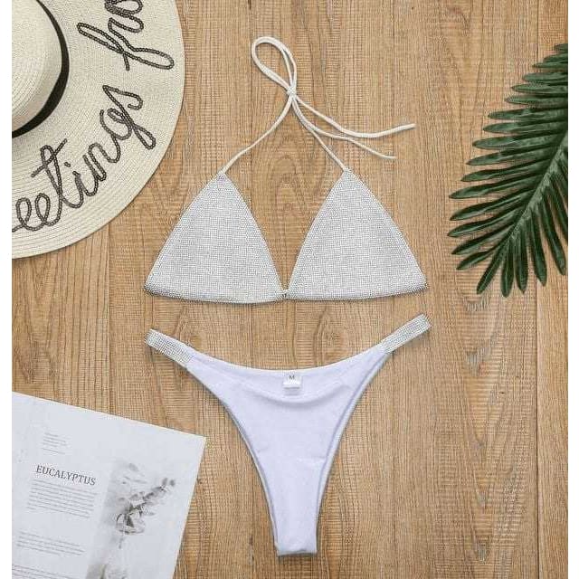 Sexy Luxury Bling Rhinestone Sliver Diamond Halter Push Up Bikini - On sale