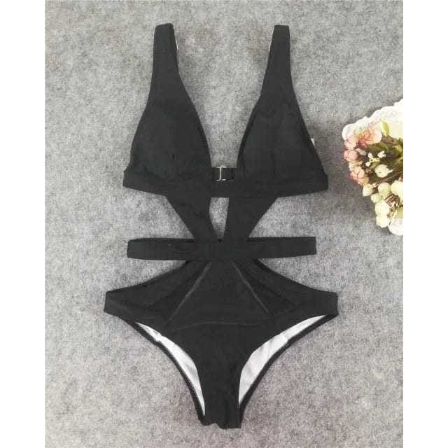 Sexy Mesh Cut Out V Monokini One Piece Swimsuit - On sale