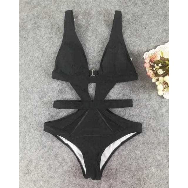 Sexy Mesh Cut Out V Monokini One Piece Swimsuit - On sale