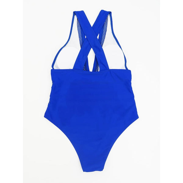 Deep V Ruffled Sleeve Mesh Panel Ruched Swimsuit