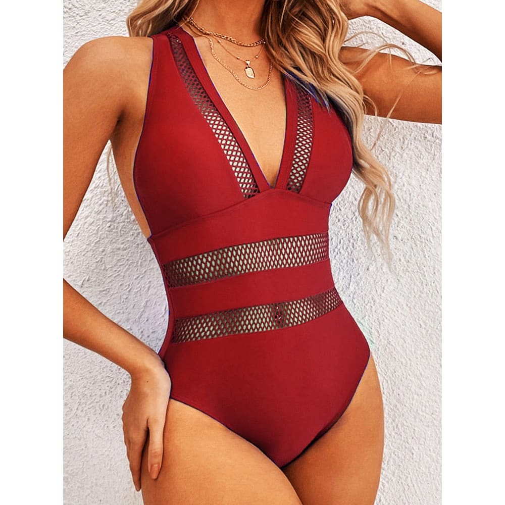 Sexy Mesh Patchwork Deep V One Piece Swimsuit - Red / S On sale
