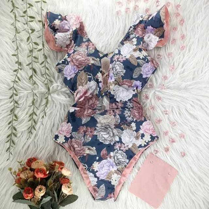 Sexy Off The Shoulder Ruffle Print Floral One Piece Swimsuit - On sale