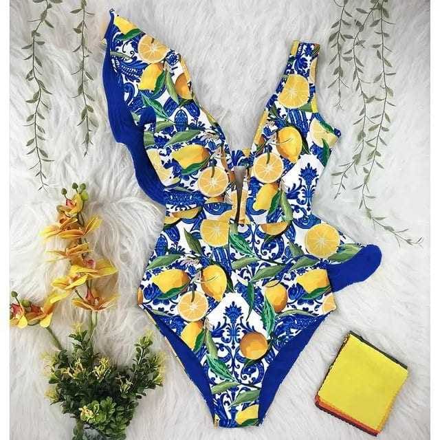 Sexy Off The Shoulder Ruffle Print Floral One Piece Swimsuit - On sale