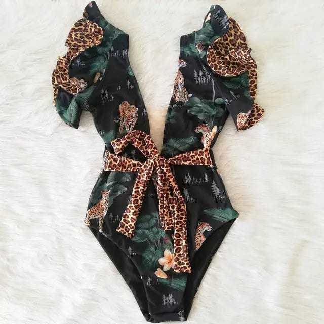 Sexy Off The Shoulder Ruffle Print Floral One Piece Swimsuit - NA19501G1 / S On sale