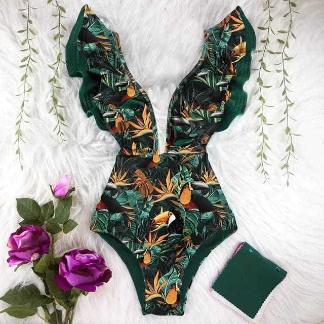 Sexy Off The Shoulder Ruffle Print Floral One Piece Swimsuit - NA19589G3 / S On sale
