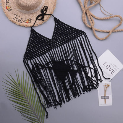 Sexy Open Knit Crochet Thong Tassel Halter Bikini - Black / S On sale