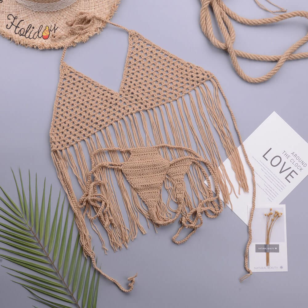 Sexy Open Knit Crochet Thong Tassel Halter Bikini - Khaki / S On sale