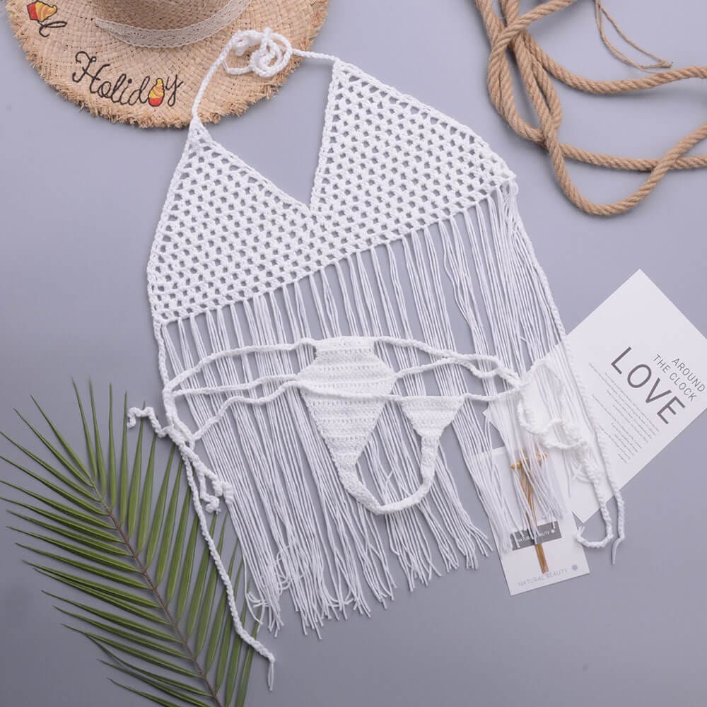 Sexy Open Knit Crochet Thong Tassel Halter Bikini - White / S On sale