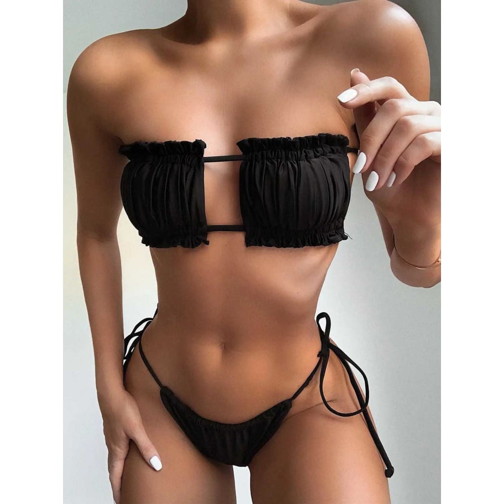 Sexy Pleated Bandeau Mini Thong Bikini Swimsuit - black / S On sale