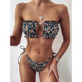 Sexy Pleated Bandeau Mini Thong Bikini Swimsuit - Brown Print / S On sale