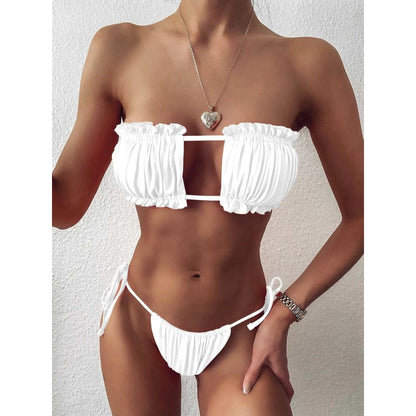 Sexy Pleated Bandeau Mini Thong Bikini Swimsuit - white / S On sale