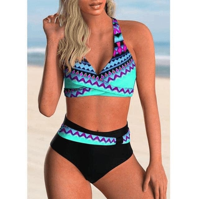 Sexy Printed Plus Size Push Up High Waisted Bikini Swimsuit - BLUE / S On sale