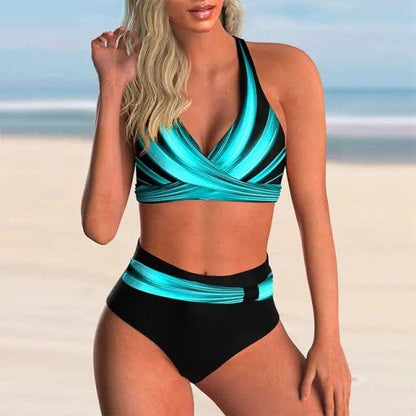 Sexy Printed Plus Size Push Up High Waisted Bikini Swimsuit - BLUE STRIPE / S On sale