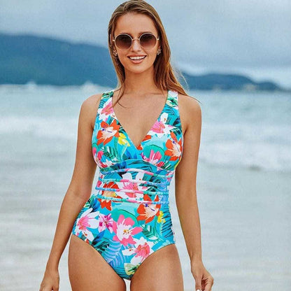 Sexy Printed V Neck Backless One Piece Swimsuits - On sale