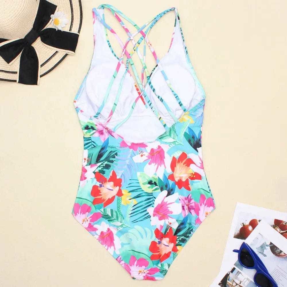 Sexy Printed V Neck Backless One Piece Swimsuits - On sale