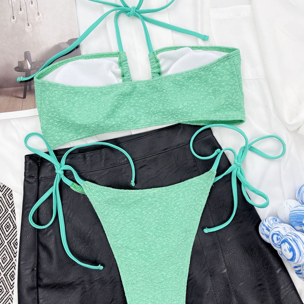 Sexy Ribbed Drawstring Halter Bikini Swimsuit - On sale