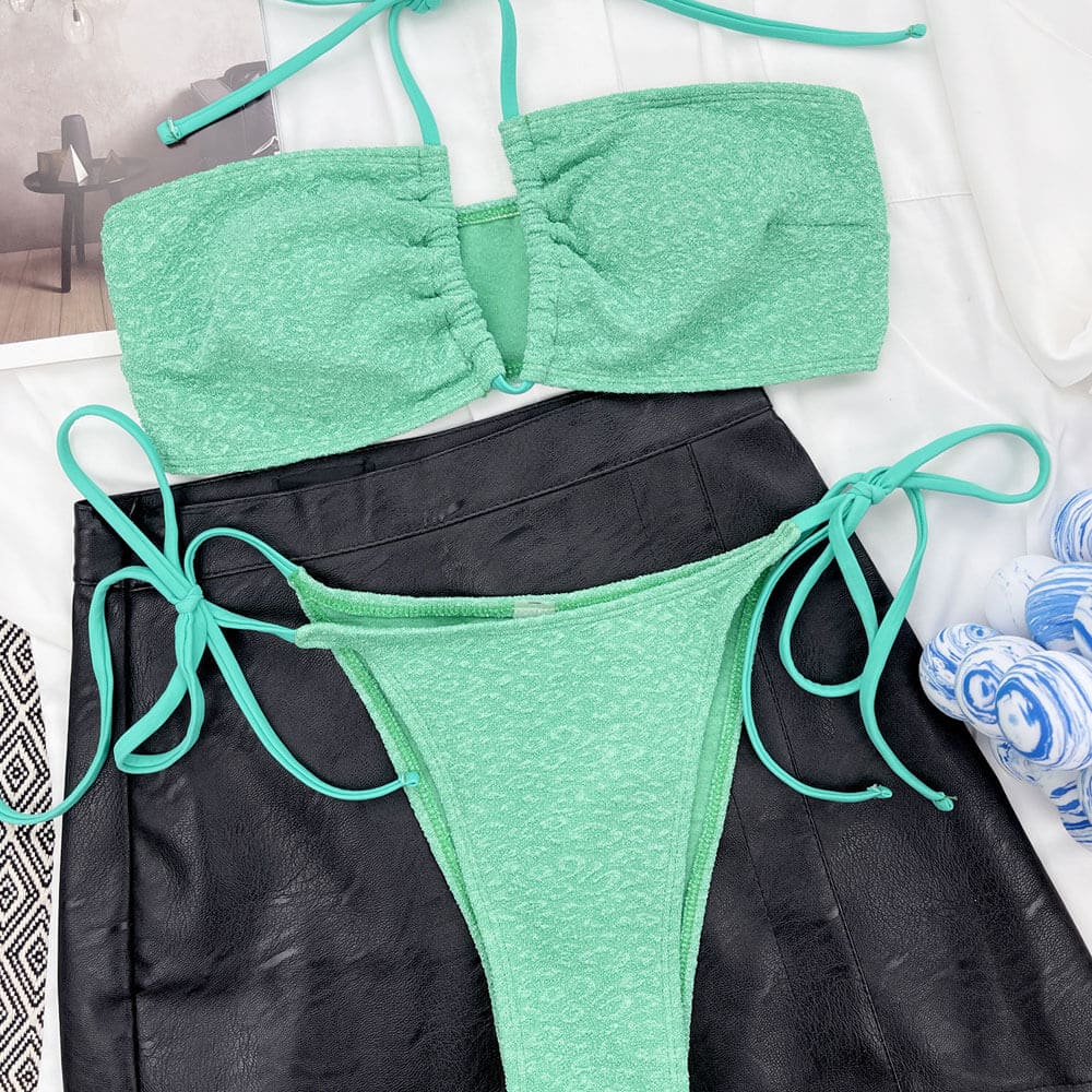 Sexy Ribbed Drawstring Halter Bikini Swimsuit - On sale