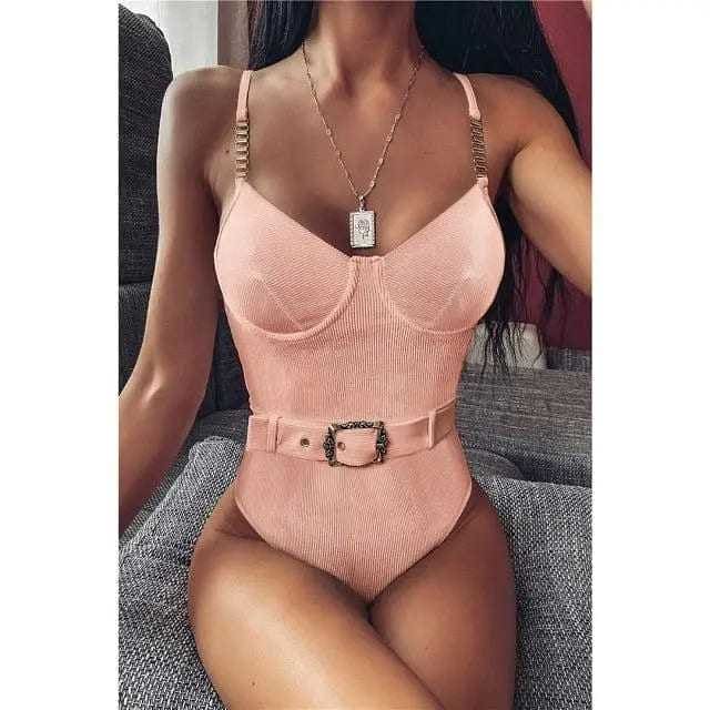 Sexy Ribbed Velvet High Leg Metal Chain One Piece Swimsuit - Pink / S On sale