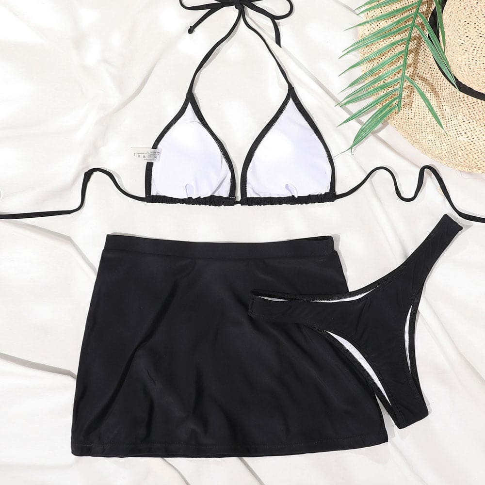 Sexy Sarong High Cut Triangle Three Piece Swimsuit - On sale