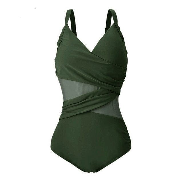 Sexy Slimming Mesh Patchwork One Piece Swimsuits Plus Size - Dark Green / M On sale