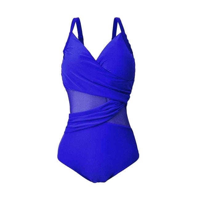 Sexy Slimming Mesh Patchwork One Piece Swimsuits Plus Size - Royal Blue / M On sale