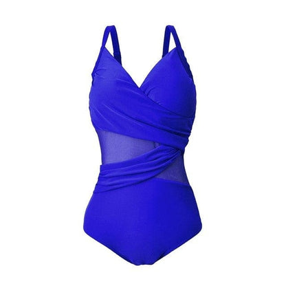 Sexy Slimming Mesh Patchwork One Piece Swimsuits Plus Size - Royal Blue / M On sale