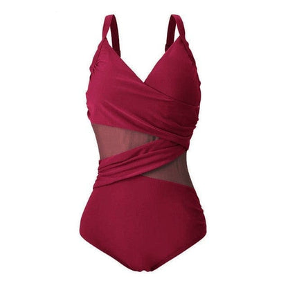 Sexy Slimming Mesh Patchwork One Piece Swimsuits Plus Size - Wine Red / M On sale