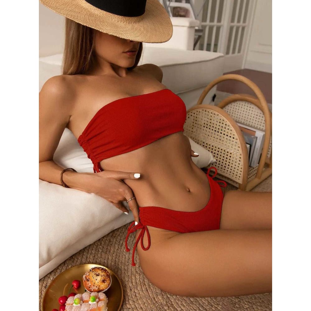 Sexy Solid Bandeau High Waist Bikini Swimsuit - Red / S On sale