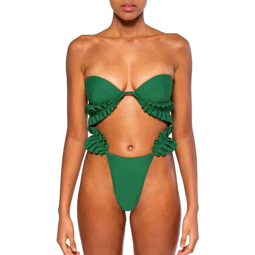 Sexy Solid Pleated Push Up Cut Out Bikini Swimsuit - On sale