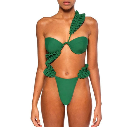 Sexy Solid Pleated Push Up Cut Out Bikini Swimsuit - On sale