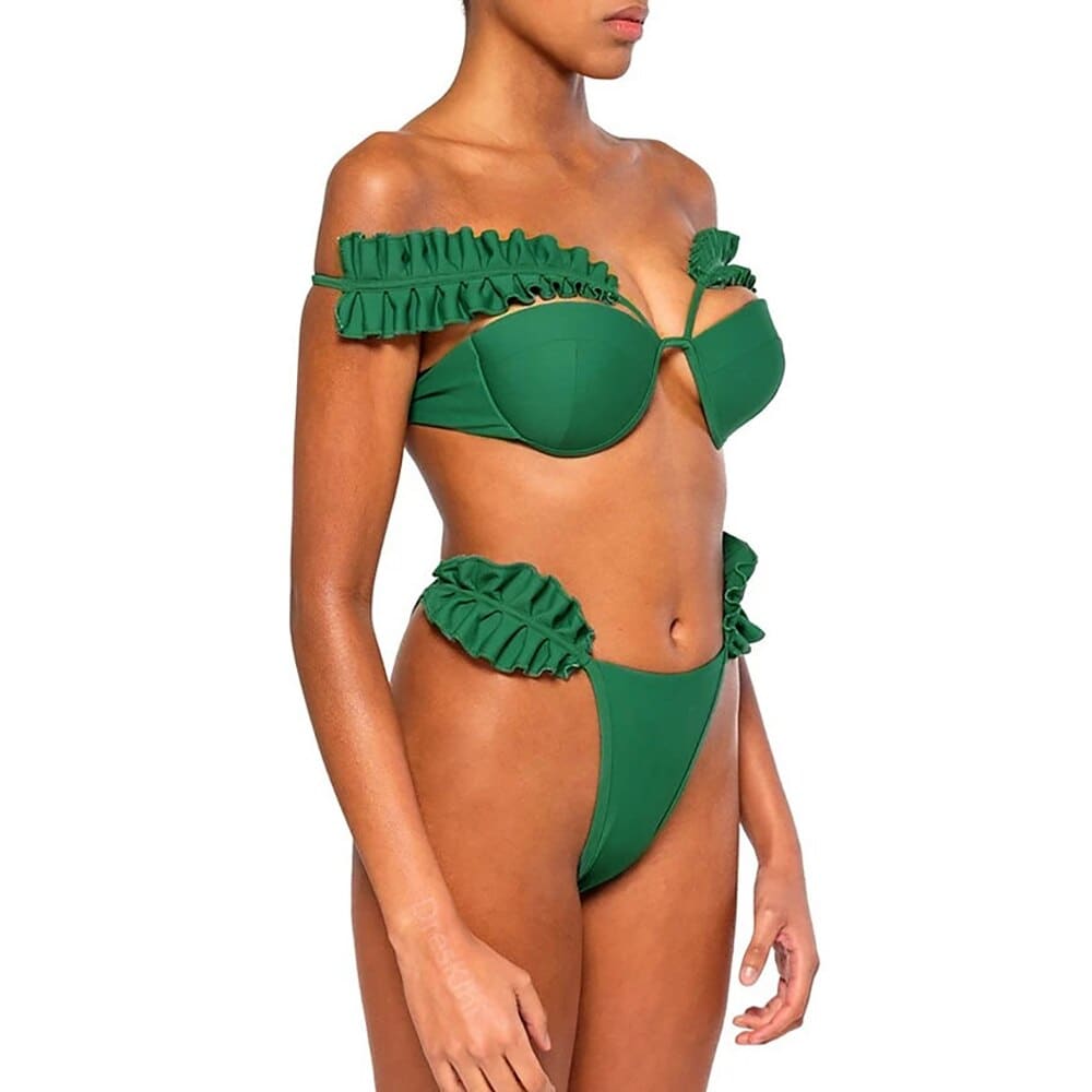 Sexy Solid Pleated Push Up Cut Out Bikini Swimsuit - On sale