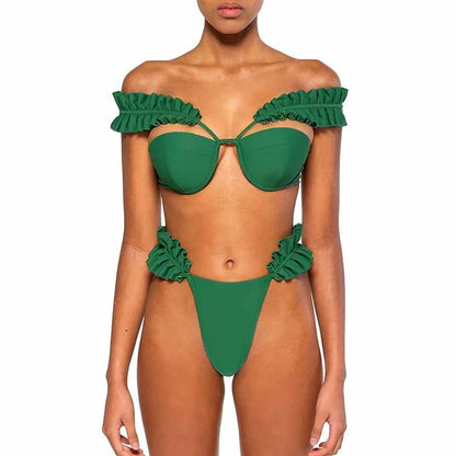 Sexy Solid Pleated Push Up Cut Out Bikini Swimsuit - Green / S On sale