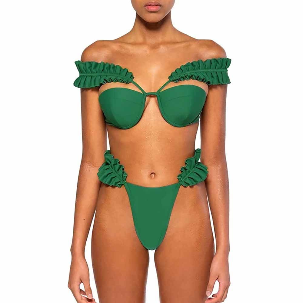 Sexy Solid Pleated Push Up Cut Out Bikini Swimsuit - Green / S On sale