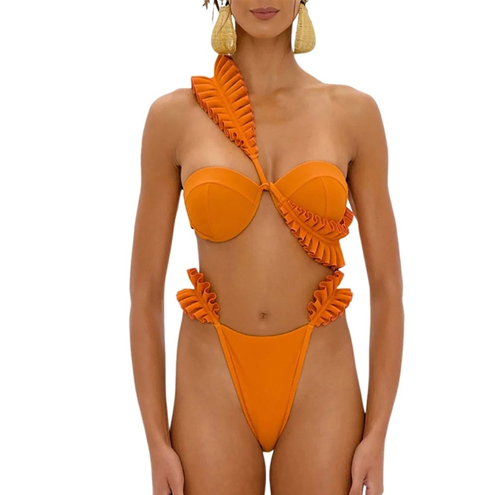Sexy Solid Pleated Push Up Cut Out Bikini Swimsuit - Orange / S On sale