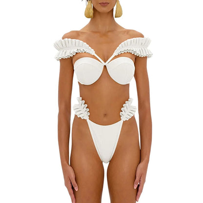 Sexy Solid Pleated Push Up Cut Out Bikini Swimsuit - White / S On sale
