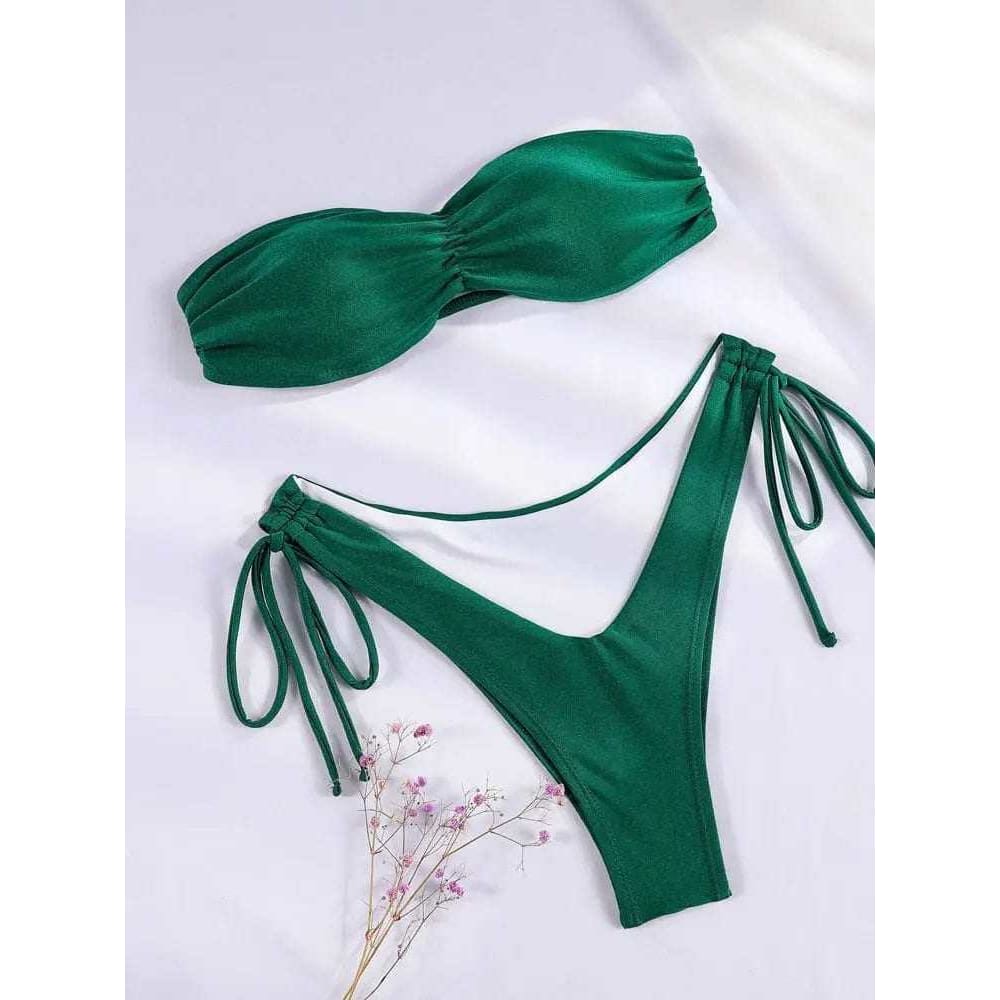 Sexy Solid Push Up Thong Bandage Folds Bikini Swimsuit - On sale