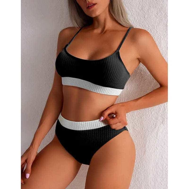 Sexy Solid Ribbed Push Up High Waisted Bikini Swimsuit - On sale