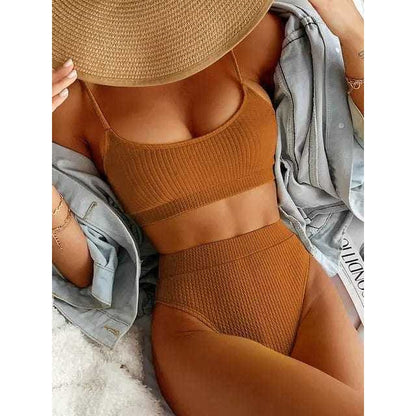 Sexy Solid Ribbed Push Up High Waisted Bikini Swimsuit - Brown / S On sale