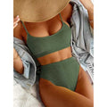 Sexy Solid Ribbed Push Up High Waisted Bikini Swimsuit - Green / S On sale