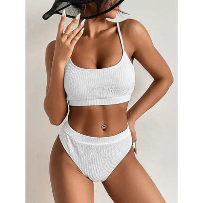 Sexy Solid Ribbed Push Up High Waisted Bikini Swimsuit - White / S On sale