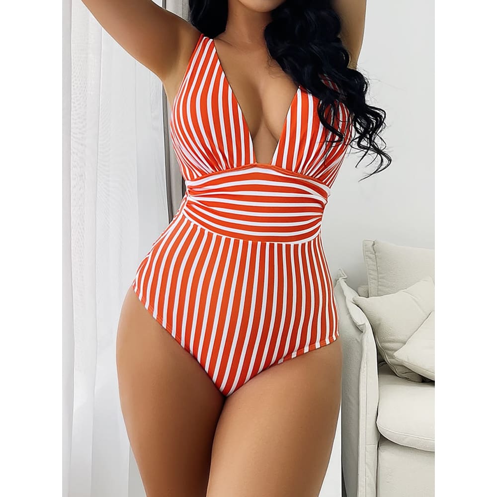 Sexy Striped Deep V Brazilian One Piece Swimsuit - On sale